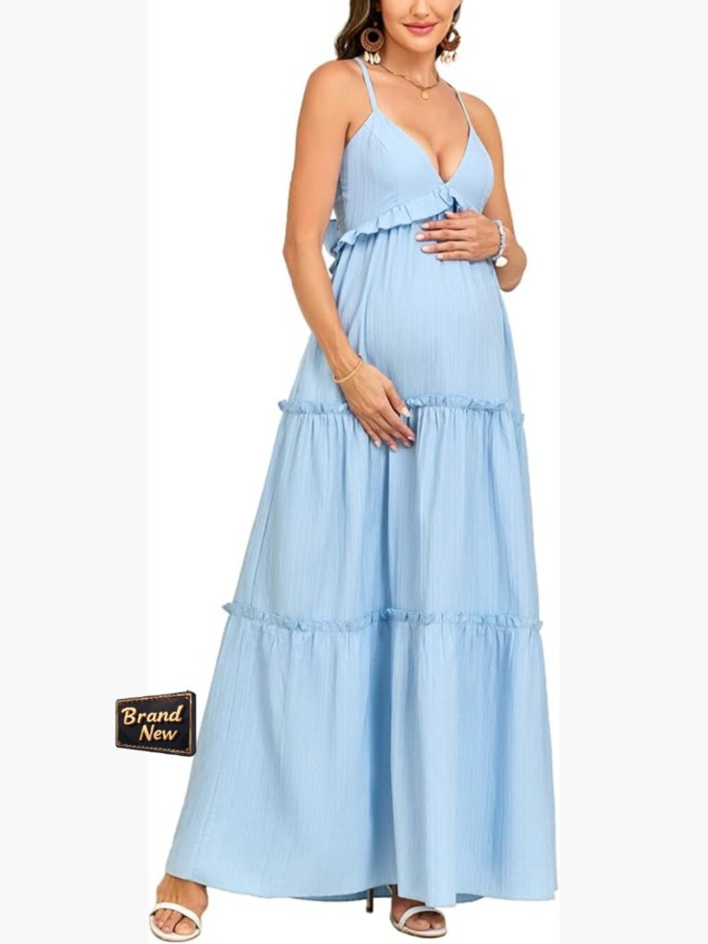 Maternity Maxi Dress V-Neck Sleeveless Adjustable Bow Tie Flowy Summer Casual